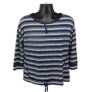 Talbots Top L Blue White Nautical Stripe Keyhole Round Neck‎ Tassel Hem